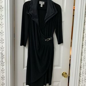 Joseph Ribkoff Size 12 black dress w/leather buckle detail and wired collar